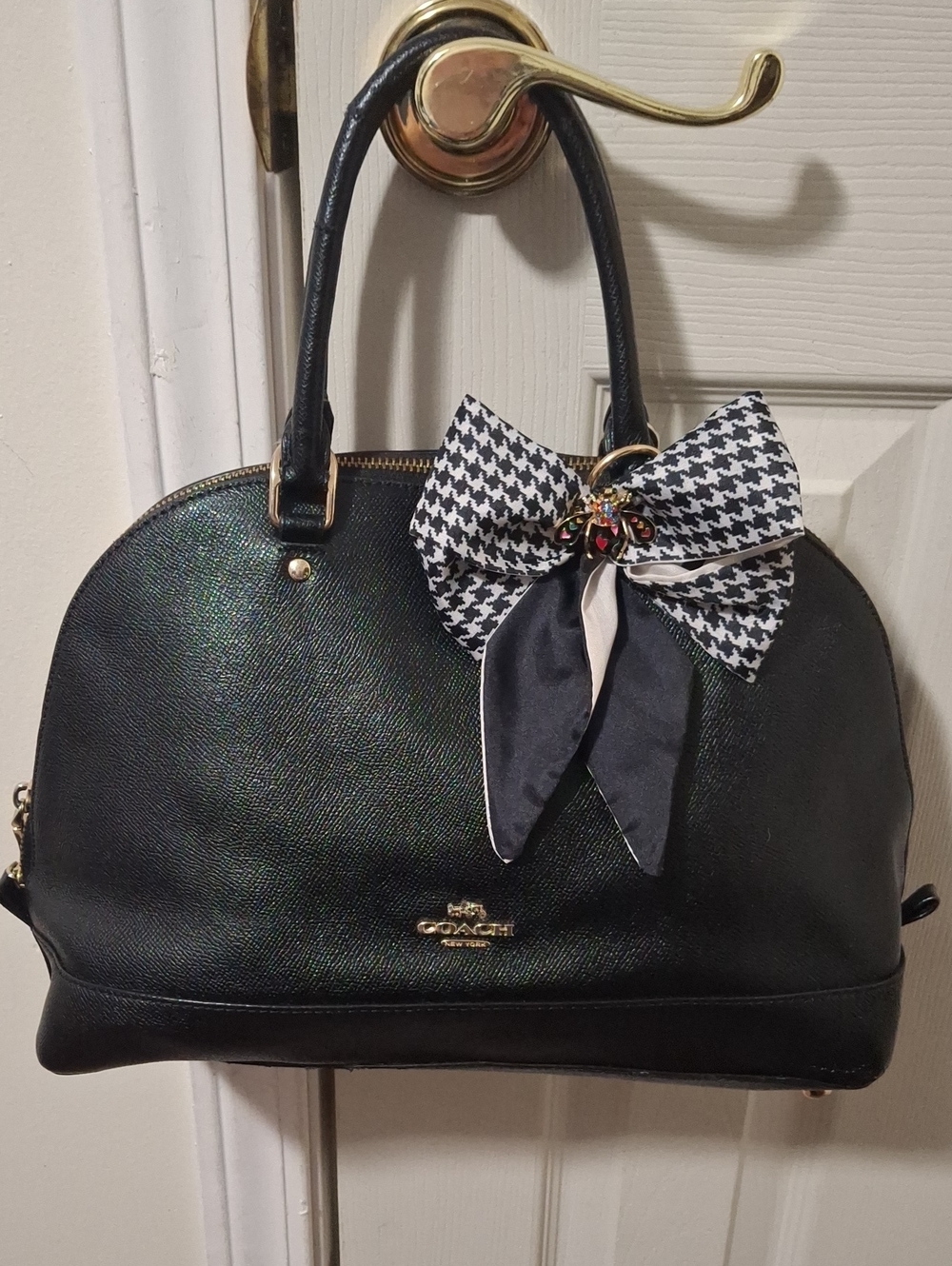 Coach Sierra Dome Satchel in Black Crossgrain Leather with Decorative Bow Accent